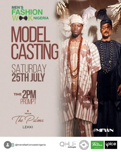 Men’s Fashion Week Nigeria model casting flyer showing models, casting date, time and venue at The Palms Lekki