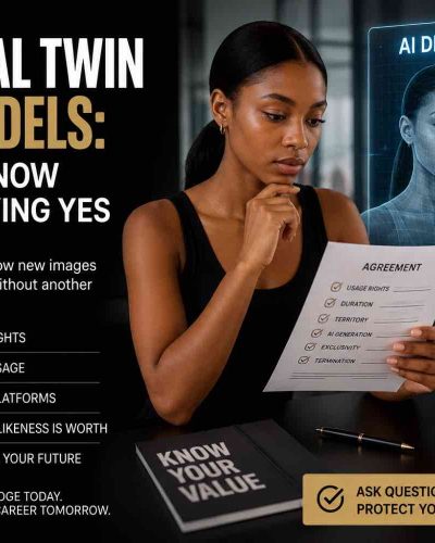 Model reviewing an AI digital twin agreement covering usage rights, duration, territory and image protection