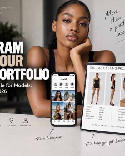 Digital casting profile for models showing current polaroids, measurements, walk video, location and professional model information