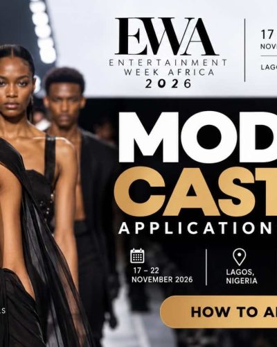 DXC Models editorial graphic for the Entertainment Week Africa 2026 model casting in Lagos, with runway models and application details.