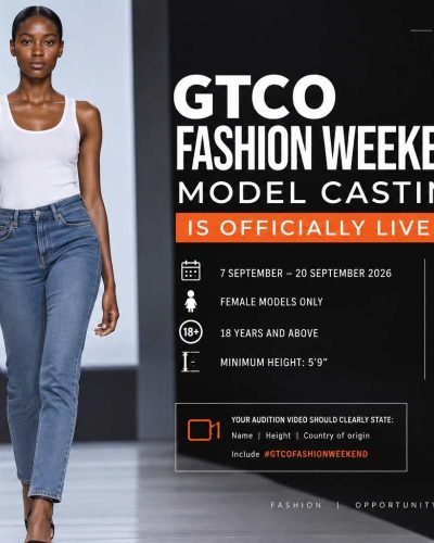 Female model in white tank top, blue jeans and heels preparing for the GTCO Fashion Weekend 2026 model casting