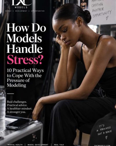 Model taking a quiet moment backstage while coping with the stress and pressure of modelling