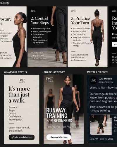 Female models practising professional runway walking during a DXC Models training session