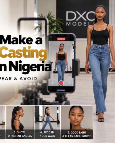 Model casting video in Nigeria showing an aspiring model recording a clean introduction, full-body walk and professional audition video for a casting.