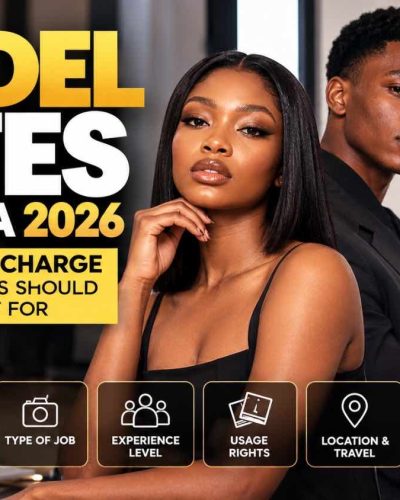 DXC Models editorial graphic about model rates in Nigeria in 2026, covering booking duration, job type, experience, usage rights, travel and exclusivity.