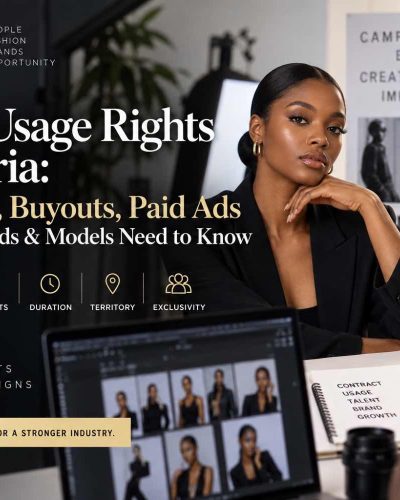Editorial DXC Models image about model usage rights in Nigeria covering shoot fees, buyouts, paid ads, duration, territory and exclusivity.