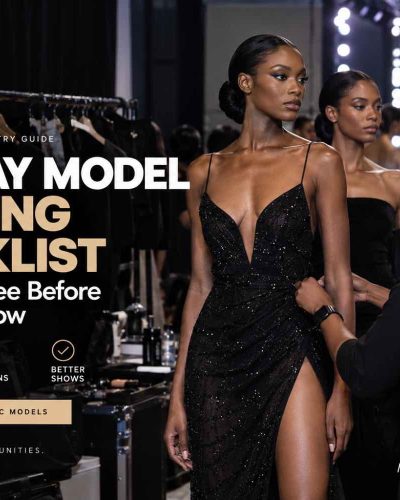 Runway models and fashion show production team preparing backstage before a professional fashion show