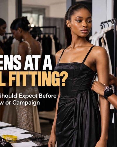 DXC Models editorial image showing a fashion model being fitted before a runway show or campaign.
