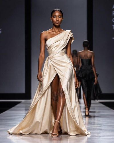 Runway model walking in a fashion show while presenting a designer collection